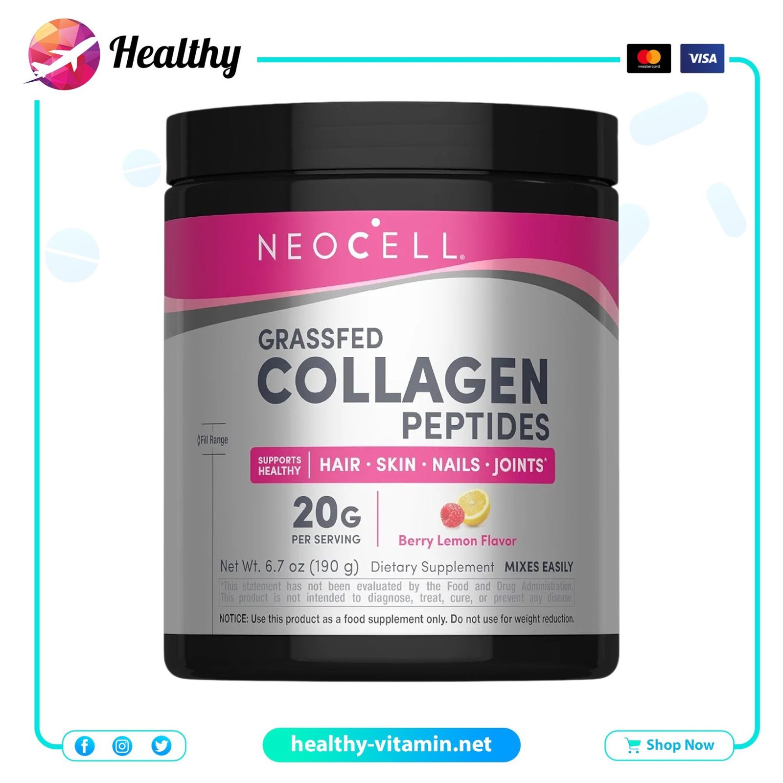 Grassfed Collagen Peptides NeoCell Berry Lemon Flavor Powder 6.7 oz 190 g 1