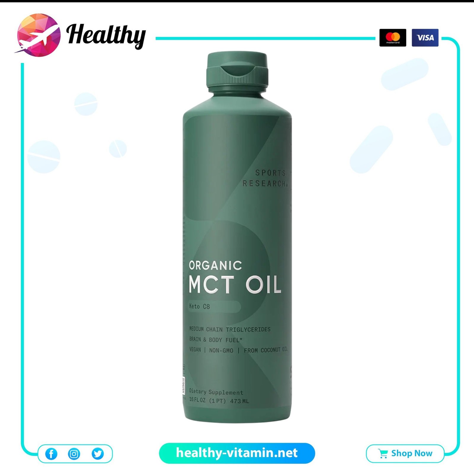 Organic MCT Oil Keto C8 Sports Research 16 fl oz 473 ml 1