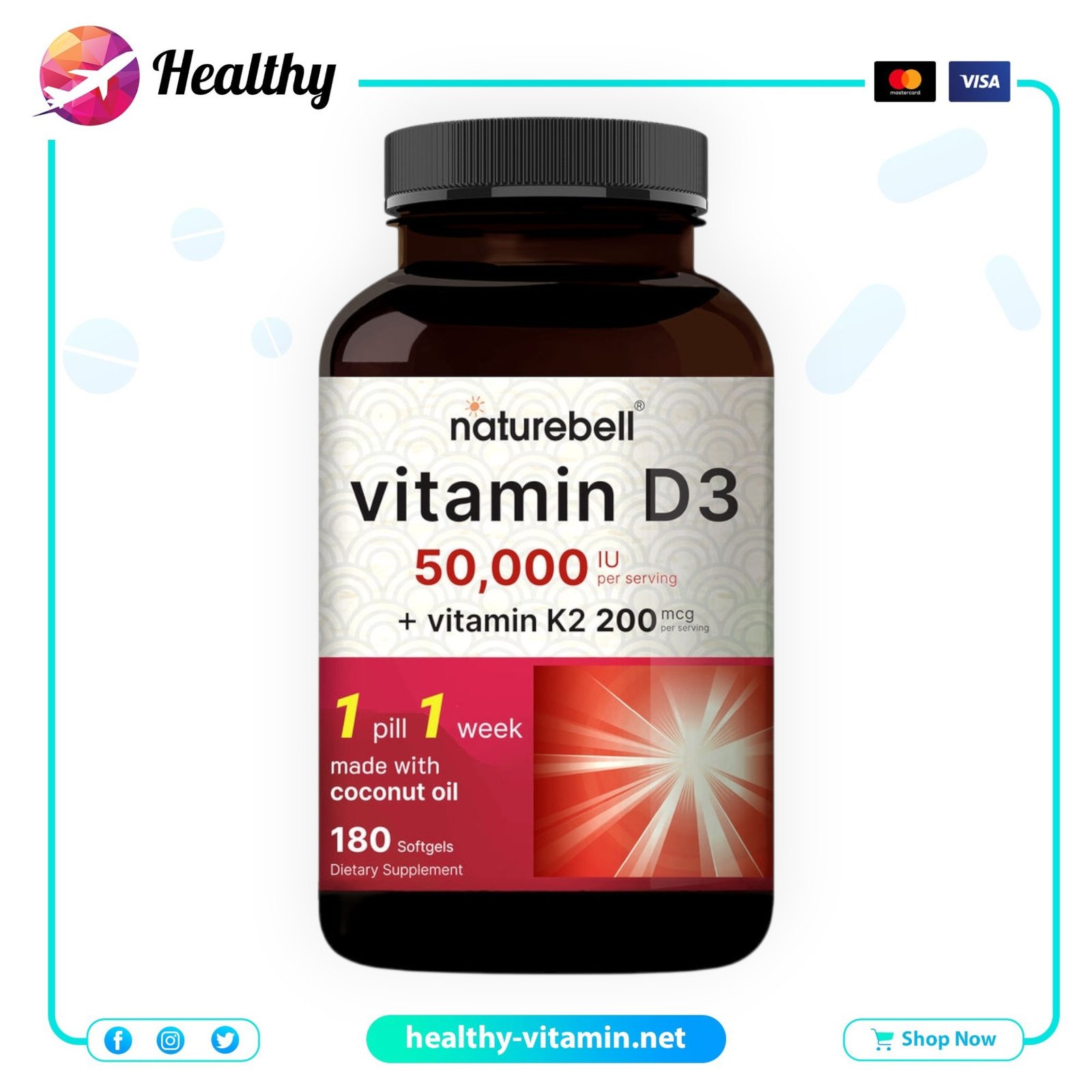 Vitamin D3 50,000 IU + K2 200 mcg NatureBell 180 Softgels 1