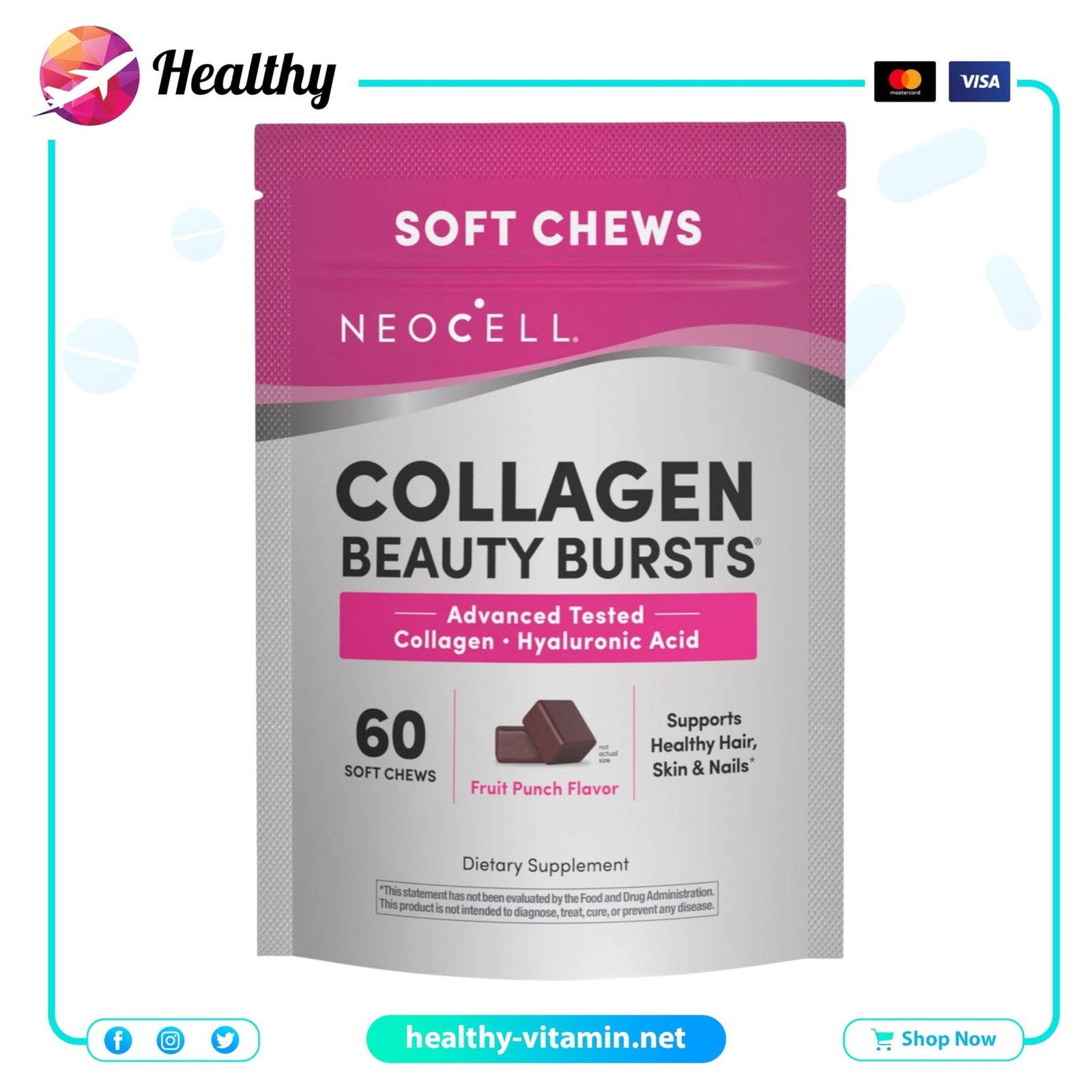 Collagen Beauty Bursts Fruit Punch Flavor NeoCell 60 Tasty Soft Chews 1