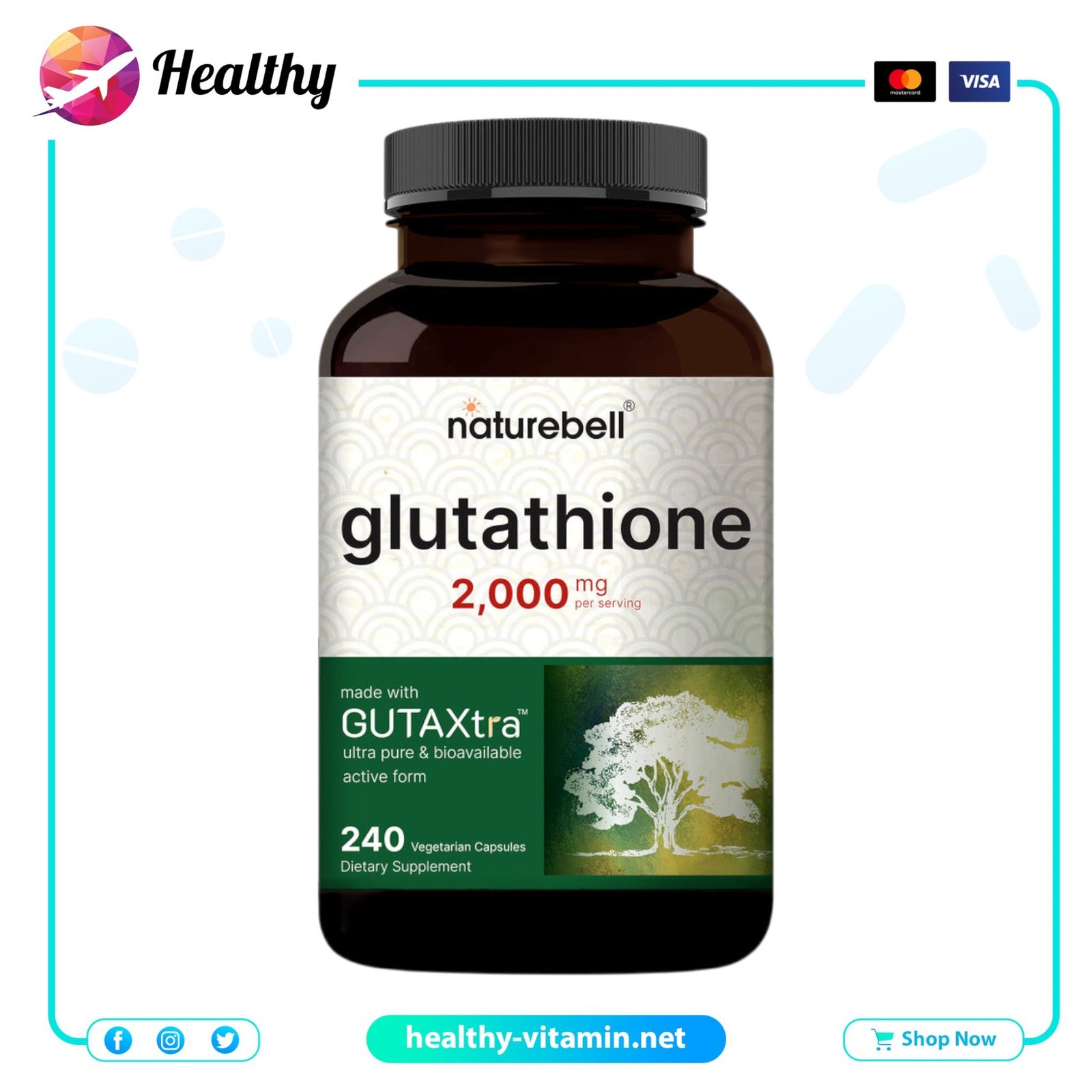 Glutathione 2000 mg NatureBell 240 Vegetarian Capsules 1
